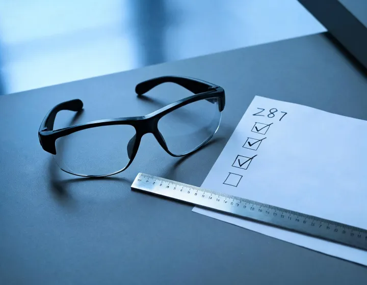 Unlabeled prescription safety glasses beside a millimetre and marking checklist