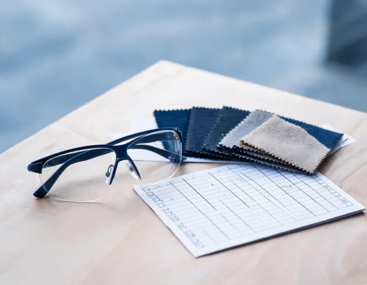Stylish prescription safety glasses samples beside a workwear application note